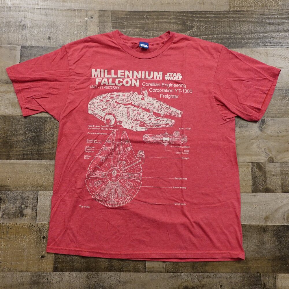 Star Wars Millennium Falcon Blueprint‎ Graphic T-Shirt Men’s XL Red Sci-Fi